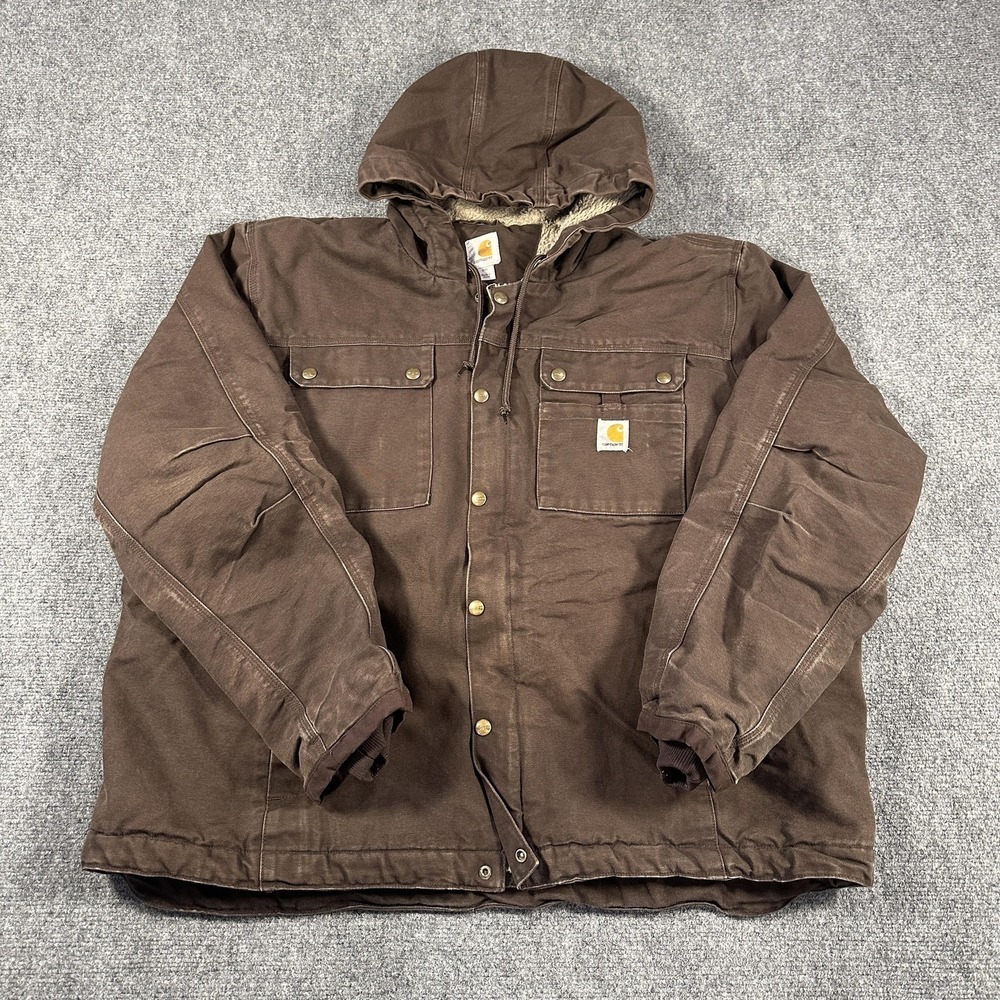 Carhartt Jacket Mens 2XL Brown Canvas Hooded Insulated Parka 103826 DKB Workwear